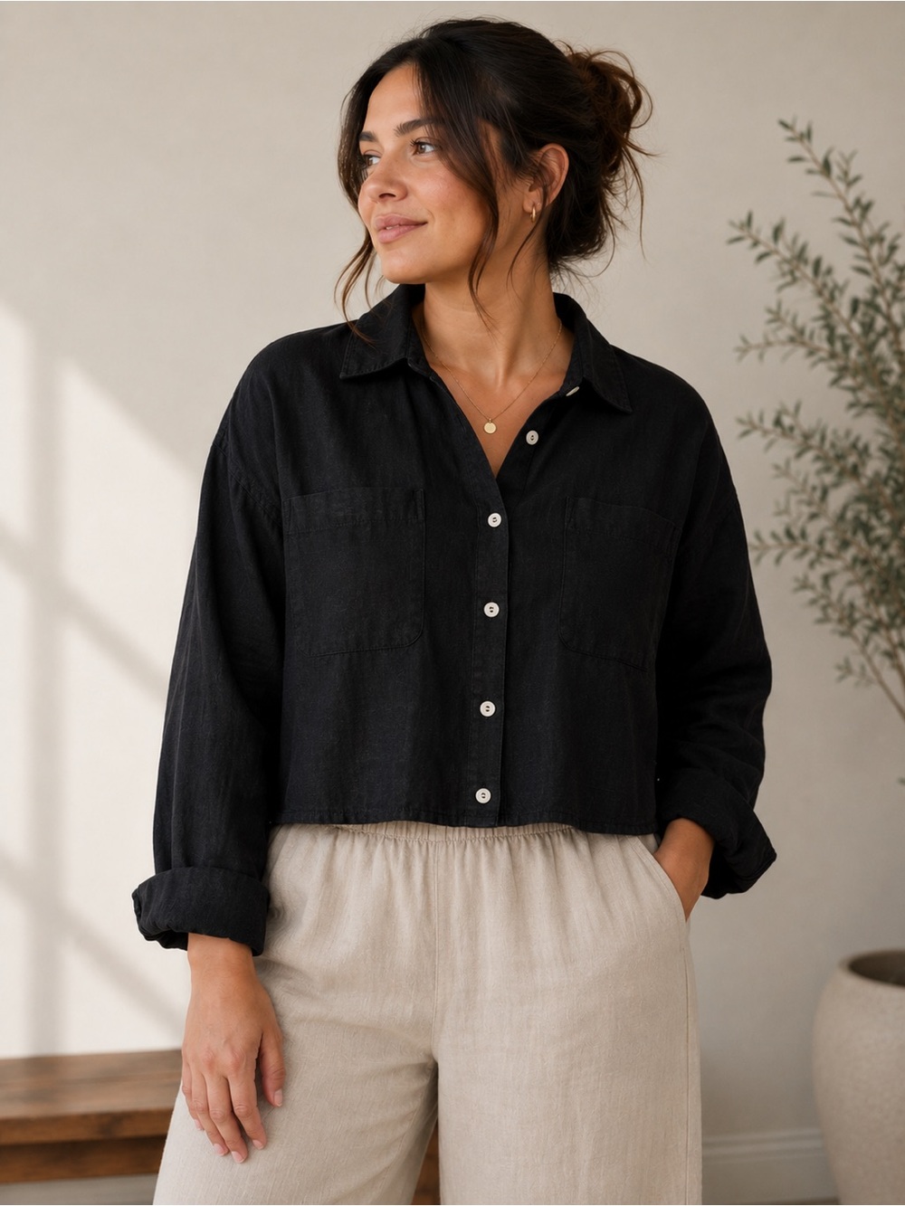 Rachel Zoe Black Cropped Button-Down Shirt 100% linen size L